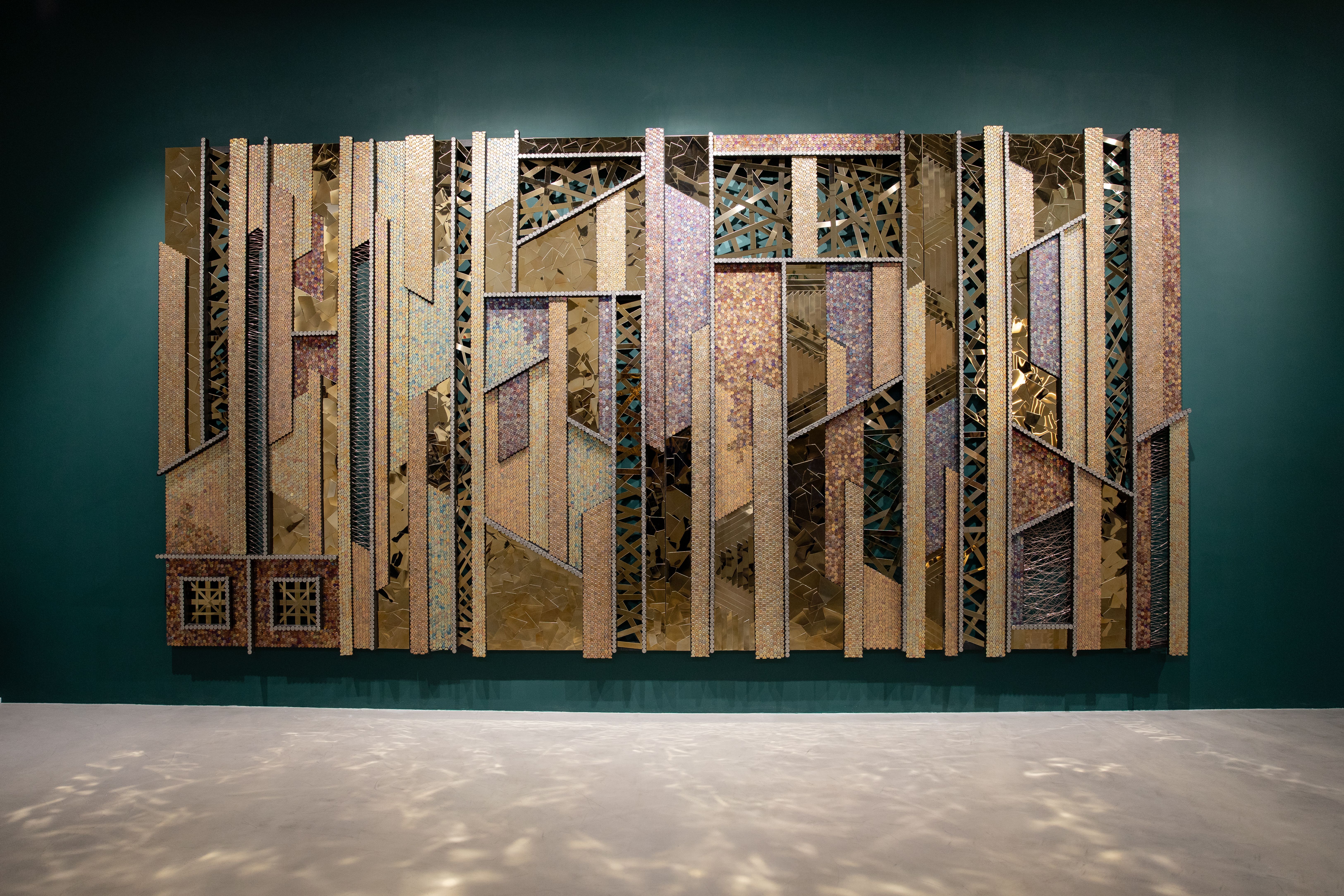 Yaw Owusu, Heart of a Place, 2022, UAE fils, US pennies, Ghana pesewas, stainless steel, copper wire, wood, 243.84 x 487.68 x 9.5cm_Photo courtesy of the Artist and Efie Gallery.jpg